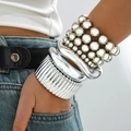 Silbernes Perlenarmband-Set und klobige Metallarmreifen am Handgelenk für Punk-Stil - Silbernes Mehrlagiges Armreif-Set (31698-bra-S-EP)