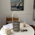 Sac seau en paille à rayures noires et blanches chic avec poignée en corde tressée - Rayures Noir et Blanc