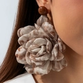 Retro oversized leopard print camellia flower earrings for women in a vintage style - Leopard Print Fabric Flower Style (31557-ear-brown-EP)