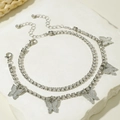 Detail of silver butterfly layered anklet with sparkling rhinestones and lobster clasp - Silver Butterfly Tennis Chain Set (31255-ank-S-EP)