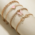 Golden multi-layer anklet set with butterfly and pink flower charms for beach vacation - Pink Butterfly Flower Gold Set (30767-ank-G-EP)