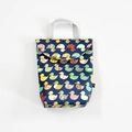Portable navy blue baby diaper bag featuring cute cartoon duck floral prints and grey handles - Colored Duck