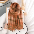 Classic checkered fringe scarf in orange and green plaid for winter warmth - 180cmx65cm / Turmeric