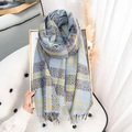 Blue and yellow plaid scarf with soft fringe, elegant autumn winter cashmere feel shawl - 180cmx65cm / Sky Blue