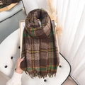 Plaid tassel scarf in dark brown and green soft cashmere-like warm winter fabric - 180cmx65cm / Camel