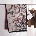 Winter pashmina scarf with artistic red plum blossoms and magpie print with fringe - Beige Red Wintersweet Bird / 67*185CM