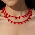 Gothic style red double-layer beaded necklace with faceted crystal charms on a model - Red Double Layer Style (31173-nek-red-EP)