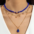 Collier doré à trois rangs avec perles bleues, breloque cœur et pendentif goutte bleue - Style Multi-rangs Bleu Foncé (31472-nek-blue-EP)