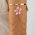 Close-up of golden arm cuff with pink flower pendant and layered tassel chains - Pink Flower Tassel Open Arm Cuff (29847-bra-Gpink-3-EP)