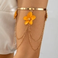 Detailed view of golden multi-layer arm cuff featuring a bright yellow flower pendant - Yellow Flower Tassel Open Arm Cuff (29847-bra-Gyellow-3-EP)