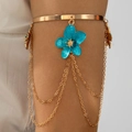 Close-up of golden upper arm bracelet with blue enamel flower and layered chain tassels - Blue Flower Tassel Open Arm Cuff (29847-bra-Gblue-3-EP)