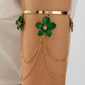 Detailed close-up of golden arm cuff featuring green enamel flower charms and delicate chains - Green Flower Tassel Open Arm Cuff (29847-bra-Ggreen-3-EP)