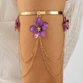 Detail of gold arm cuff with purple floral charms and elegant metal fringe tassels - Purple Flower Tassel Open Arm Cuff (29847-bra-Gpurple-3-EP)