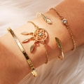Bohemian gold bracelet set featuring dreamcatcher turquoise, feather cuff, and arrow patterns - Gold (5812-gold)