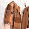 Sciarpa spessa a quadri con frange nei toni marrone e beige su cappotto di lana - Tono Terra Colorblock (Stile 1)
