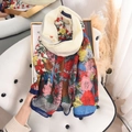 Elegant floral print scarf in beige with vibrant red and blue flower patterns - Beige