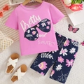 Pink girl's summer set with sunglasses print T-shirt and floral shorts casual outfit - 4Y / Pink Top And Dark Blue Floral Shorts