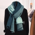 Knit color block scarf in navy and green with ribbed texture and fringe trim details - Green