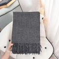 Classic black and white checkered cashmere scarf with long fringe trim detail - Black