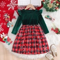Girl's dark green velvet Christmas dress with red plaid skirt and snowflake patterns - Red / 100cm