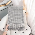 Premium black and white checkered cashmere-like scarf with thick decorative tassels - White