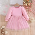 Pink long sleeve princess dress with star tulle skirt and pearl bow shoes - 100 / Pink