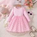 Pink long sleeve girls dress with polka dot mesh skirt and ribbed knit top - 100cm / Pink