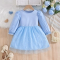Long sleeve light blue girls dress with sparkly star printed tulle skirt - 100 / Blue