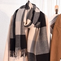 Écharpe d'hiver en noir et gris avec motif à carreaux et longues franges douces - Noir Gris Beige Colorblock (Style 13)