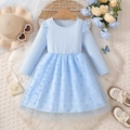 Light blue long sleeve girl princess dress with polka dot tulle skirt and ribbed bodice - 100cm / Blue