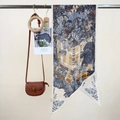Retro forest print silk scarf with a brown leather mini bag and gold metal buckle - Navy Blue Oblique Scarf
