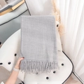 Gray and white plaid cashmere-like scarf with fringe detail for winter fashion - Blue