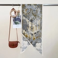 Silky scarf with olive green forest print paired with brown textured leather crossbody bag - Light Blue Oblique Scarf