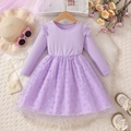 Elegant purple long-sleeve toddler dress with ribbed bodice and polka dot tulle skirt - 100cm / Purple