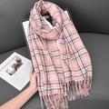 Pink and black checkered cashmere-feel scarf with long tassels for autumn and winter warmth - Light Pink