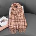 Classic beige checkered cashmere-feel scarf with elegant fringes for autumn and winter warmth - Turmeric