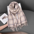 Classic checkered cashmere-feel scarf with blue and brown patterns and fringe edges - Khaki
