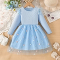 Abito a maniche lunghe azzurro da bambina con gonna in tulle a margherite - 100 / Azzurro