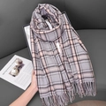 Classic grey and pink checkered cashmere-like scarf with fringe details for winter warmth - Gray