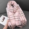 Rosa-weißer Schal im Karomuster aus weichem Kaschmir-Imitat mit Fransen für den Winter - 67-180CM / Hellrosa