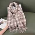 Winter checkered scarf in brown and beige tones with soft fringe edge on textured background - 65-180CM / Khaki