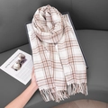 Classic cream and brown plaid cashmere scarf with soft fringes in a vintage style - Cream White