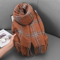 Thick autumn winter plaid scarf with fringe in brown and grey check pattern for women - Caramel