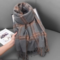 Thick checkered scarf in grey and orange with tassels, premium autumn winter accessory - Gray
