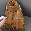 Classic caramel brown checkered scarf with fringe tassels for autumn and winter warmth - Turmeric