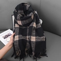 Thick winter scarf with classic plaid pattern in black and camel colors with fringe edges - Black