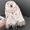 Beige and brown plaid cashmere-like scarf with fringe tassels for autumn and winter - Milk White