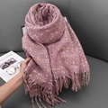 Lilac and orange plaid faux cashmere scarf with long tassels for winter warmth - Lotus Root Purple
