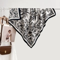 Elegant large square silk scarf with black and white tropical palm leaf floral prints - 90*90cm / White