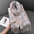 Thick plaid scarf in grey, white, and orange tones with elegant fringe tassels - 67-180CM / Light Gray
